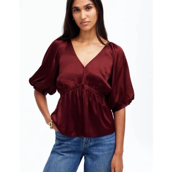 Madewell Tops - NWT Madewell Shirred Puff Sleeve Top in Satin Burgundy NT234 Size Large